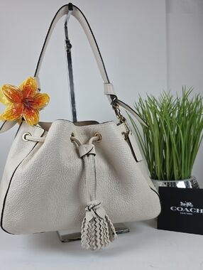 Coach Everly White Pebbled Leather Drawstring Shoulder Bag